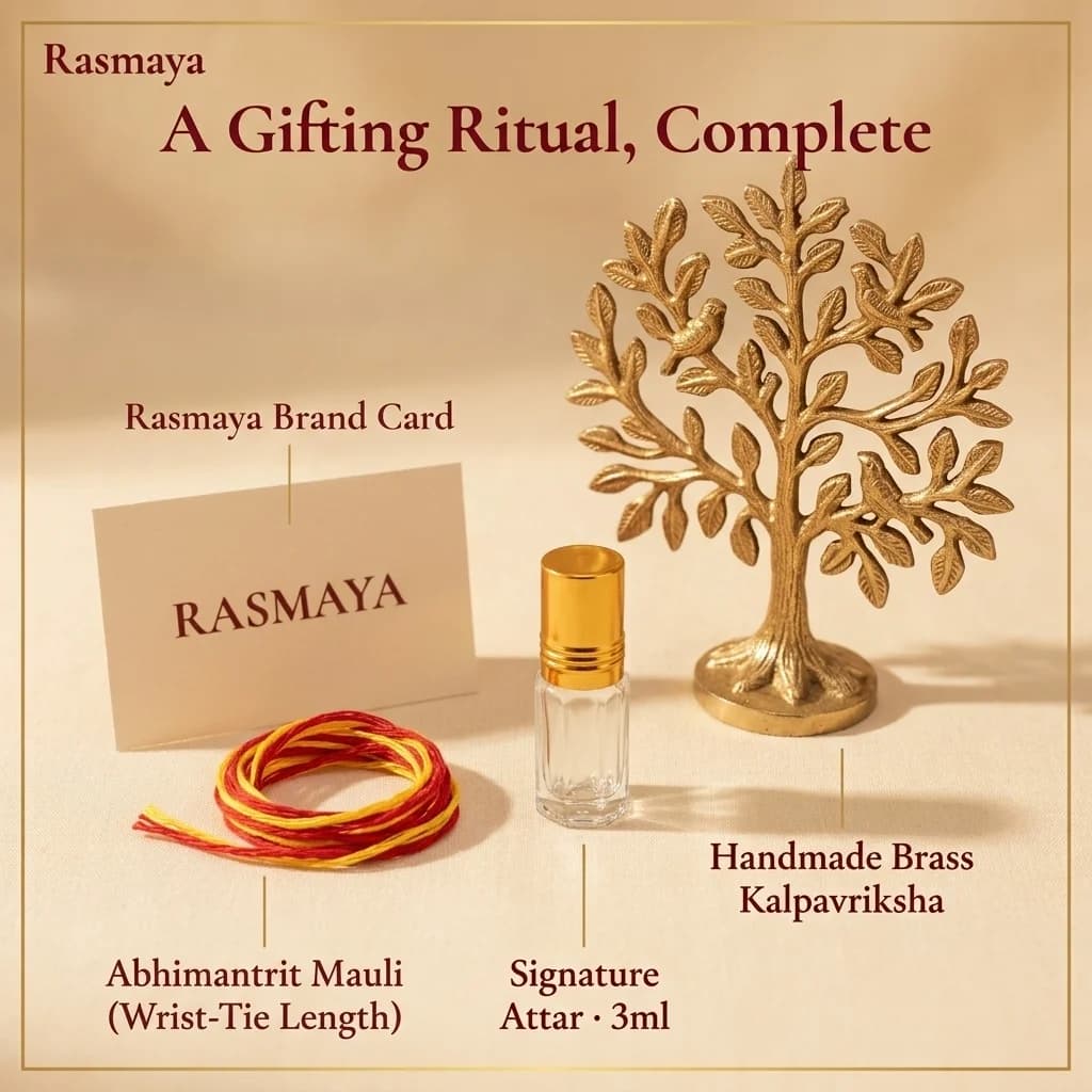 Signature Attar, Sacred Mauli, and ritual card arranged with a brass piece